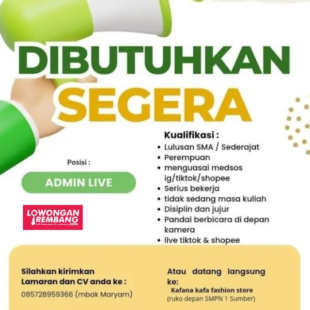 Lowongan Kerja Pegawai Admin Toko Kafana Kafa Fashion Rembang