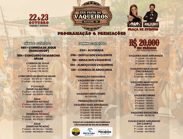 Prefeitura divulga programação e premiações da XXX Festa de Vaqueiros de Macajuba