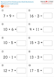 MamaLovePrint 數學工作紙 - 加數減數練習 20以內 幼稚園工作紙 Addition Subtraction Practice Adding and Subtracting within 20 Math Kindergarten Worksheets Exercises Activities Kindergarten Worksheet Free Download