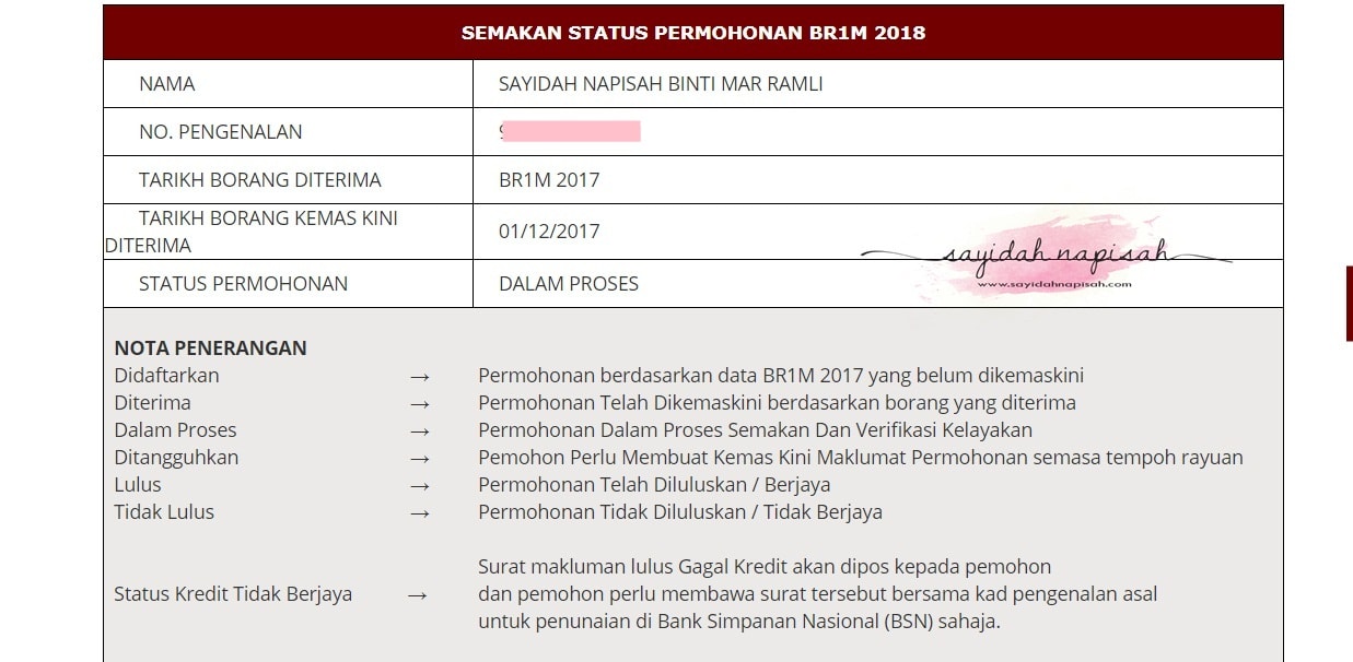 Semakan status permohonan BR1M 2018 DALAM PROSES 