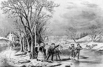 Currier and Ives art featuring ice skating scene