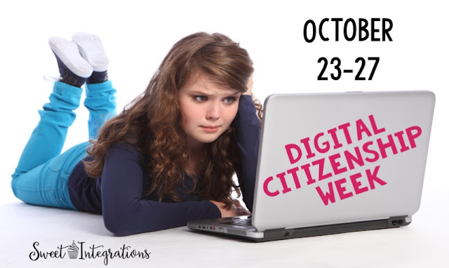 Here a girl sits at her computer which says "Digital Citizenship Week" - where she is celebrate digital learning week.