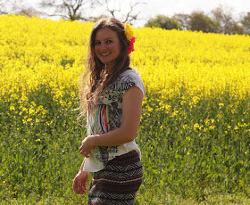 fashion blogger in yellow field in spring