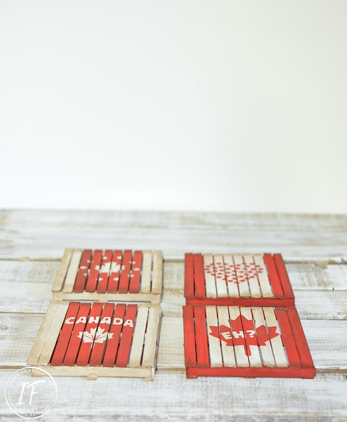 How to make fun patriotic miniature pallet drink coasters with popsicle sticks. A fun Canada Day or 4th of July craft idea to do with older children.