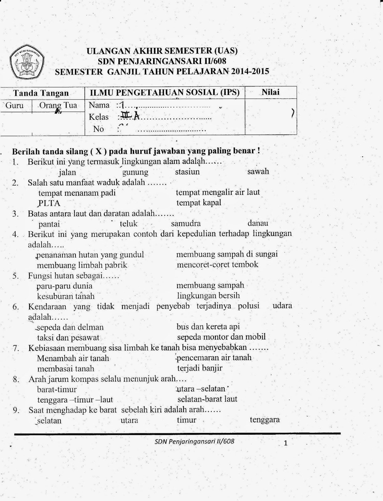 UAS Semester Ganjil IPS Kelas 3 SD TA 2014 2015