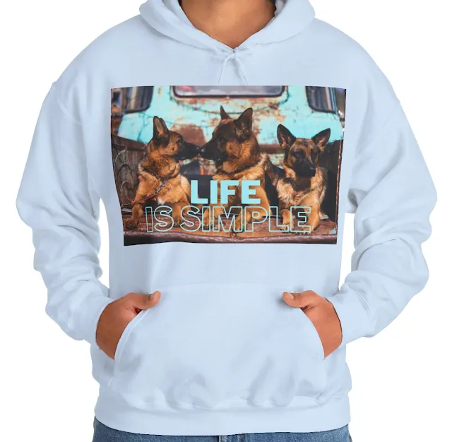 A Hoodie With Three Working line Short-haired German Shepherds Sitting on the Truck's Cargo Bed and Caption Life is Simple
