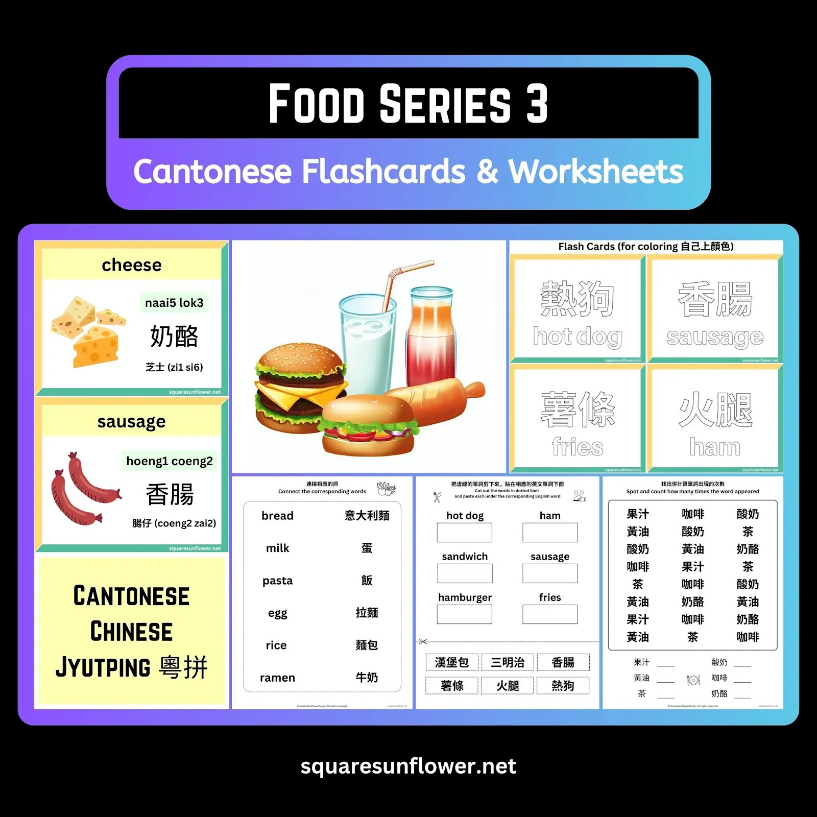 Cantonese Chinese bilingual learning bundle for Food Names English Cantonese flashcards with Jyutping Chinese English bilingual worksheets - Series 3