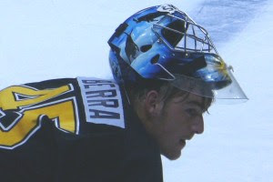 Swiss goaltender Reto Berra takes a breather during the Blues' 2008 Development Camp ('St. Louis Game Time' photo by Brian Weidler)