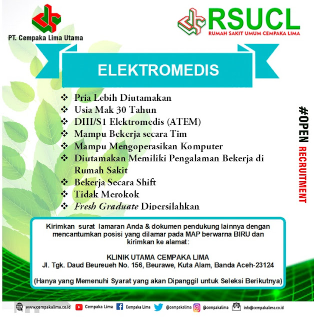 Lowongan Kerja Sebagai Elektromedis RSU Cempaka Lima Aceh Tahun 2020