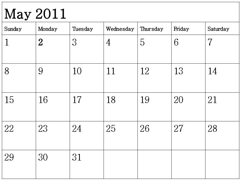 may 2011 calendar printable free. Plain Blank Calendar May 2011
