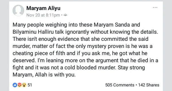 "He was a cheating piece of filth. He got what he deserved" - Lady defends Maryam Sanda, who allegedly stabbed her husband to death