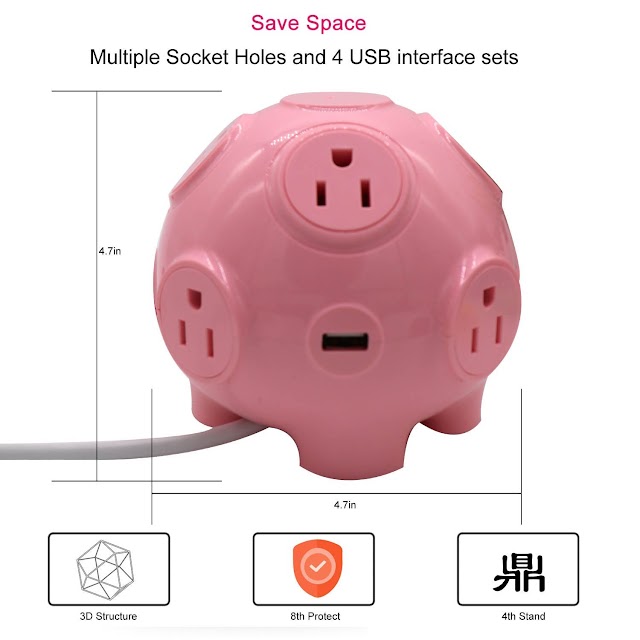 3m Pig Power Strip with 8 Outlets and 4 USB Slot Charging Ports 110V (Pink)
