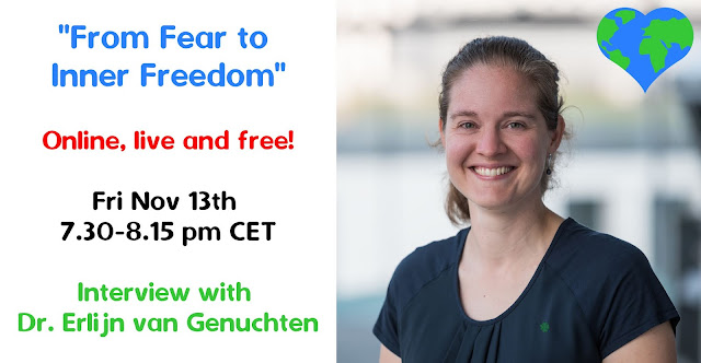 Picture of Erlijn with event details: online, live free, Fri Nov 7.30-8.15 pm CET, interview with Dr. Erlijn van Genuchten