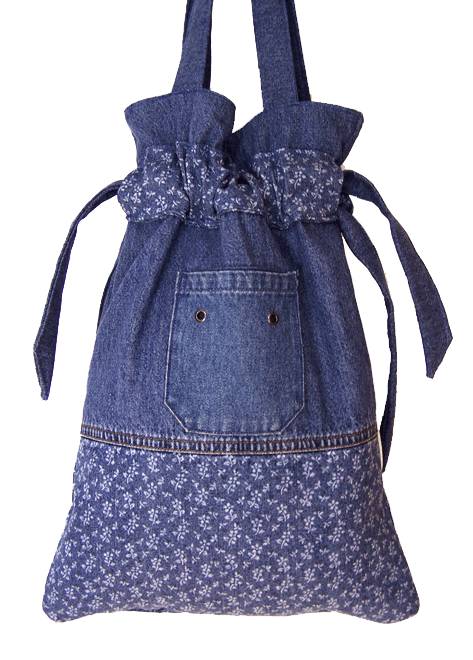 SOLD Handmade Denim Drawstring Handbag Gypsy Purse Little Flowers