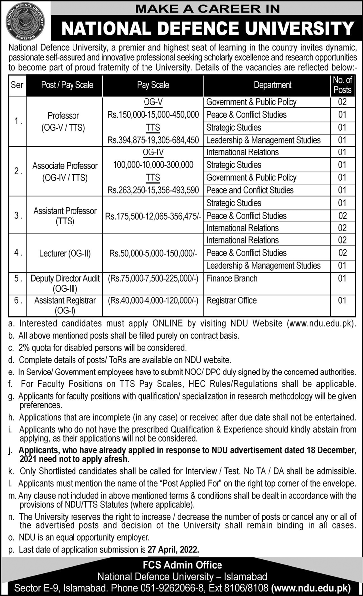 Latest National Defence University NDU Management Posts Islamabad 2022