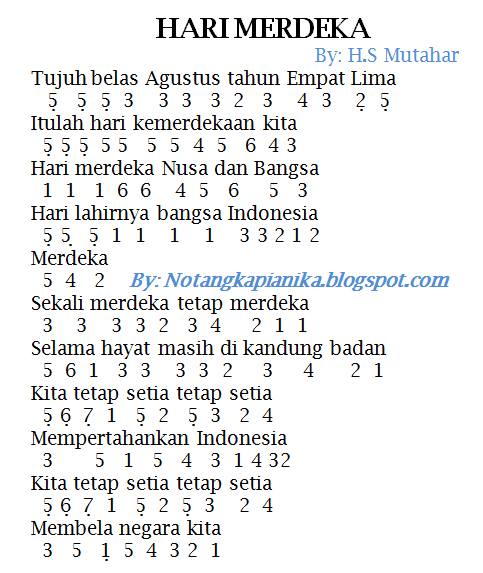 Not Angka Pianika Lagu Hari Merdeka - H.S Mutahar