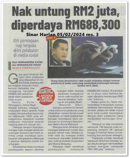 Rugi kena scam ; Hampir sama kos bina Merdeka 11 | Keratan akhbar Sinar Harian 5 Februari 2024