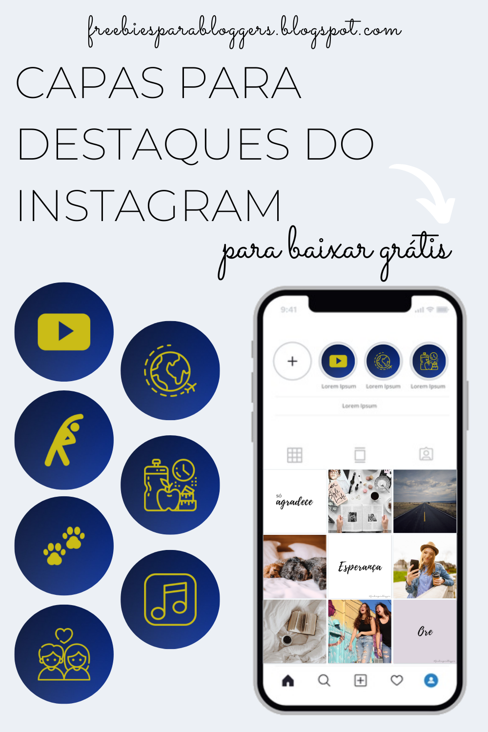 Capas Para Destaques Do Instagram Grátis Para Download (Highlights) - Tema Azul Gradiente e Amarelo Dourado