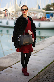 black faux fur, Carven burgundy dress, Icone ankle boots, Fashion and Cookies, fashion blogger