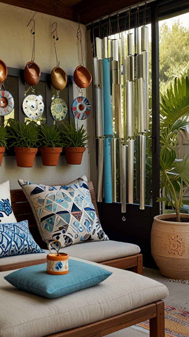 A patio with hand-painted pots, custom cushions, and a unique DIY wind chime made from recycled materials, reflecting the homeowner's personal style.