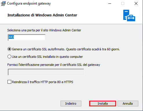 Impostazione porta di comunicazione e certificato SSL