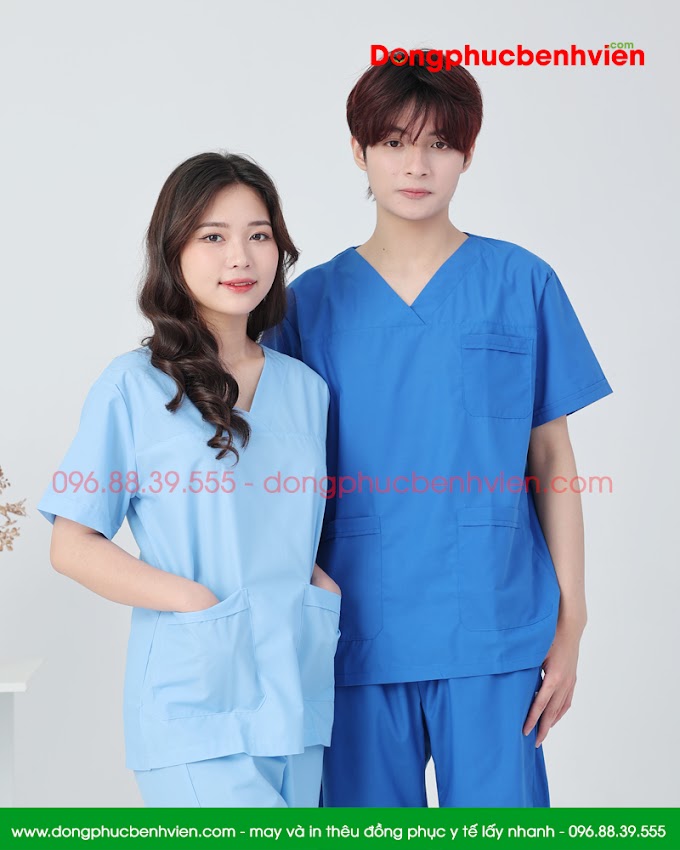 Bộ scrubs cổ tim nam nữ cộc tay màu xanh cao cấp