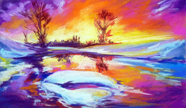 Winter sunset  soft pastel on paper landscape painting by Mikko Tyllinen