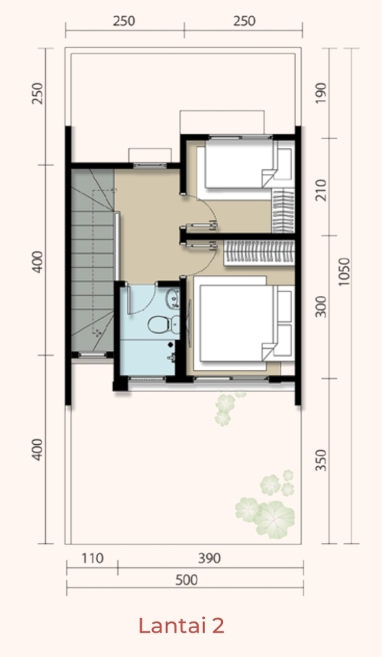Denah rumah minimalis ukuran 5x10 meter 2 kamar tidur 2 lantai
