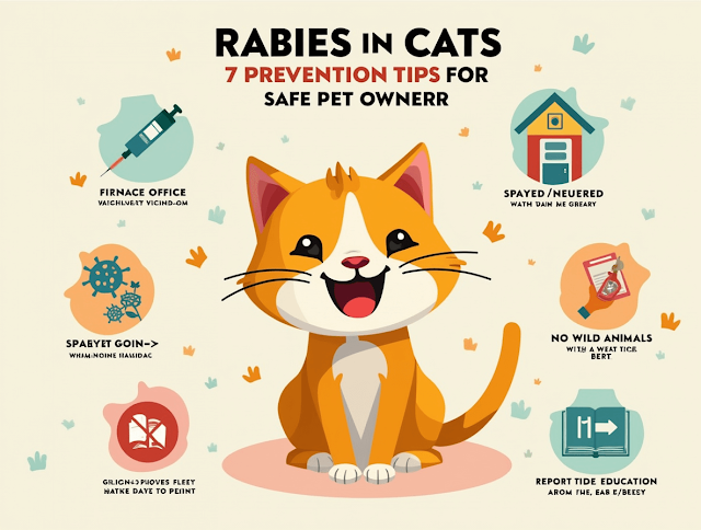 A friendly cat surrounded by icons representing seven prevention tips for rabies, including a vaccine syringe, a vet's office, a cozy indoor setting, a spayed/neutered sign, a "no wild animals" symbol, a report button, and a book for education.