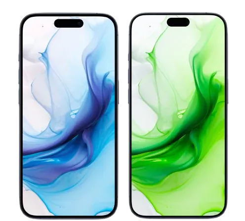 Two phone one in blue screen and other in green screen of iPhone Brand