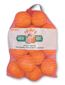 A bag of oranges that weighs about eight or nine pounds.