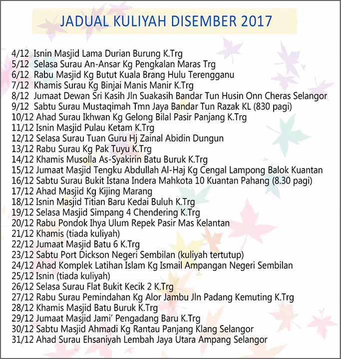 jadual kuliah ustaz azhar idrus disember 2017