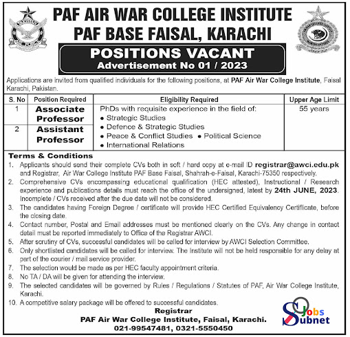 PAF Pakistan Air Force Careers | Air War College Institute Jobs 2023