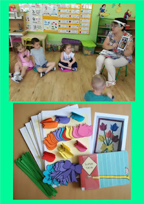 Zielone tło 2 zdjęcia sala siedzące dzieci i pani pokazująca wzór kartki z kwiatkami i gotowe elementy do zrobienia kartki z tulipanami i kokardą