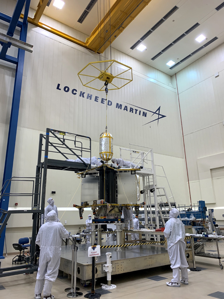 At the Lockheed Martin facility in Denver, Colorado, technicians are about to install the oxygen propellant tank inside NASA's Lucy spacecraft.