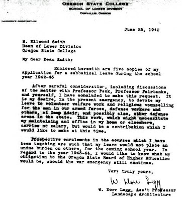 1942 Letter signed by Oregon State University Assistant Professor of Landscape Architecture W. Dorr Legg stored in the personnel files stored in the OSU archives, Corvallis, Oregon