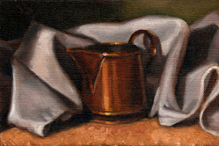 Oil painting of a small copper jug nestled amongst the folds of a white tea towel.