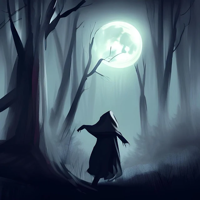 O vulto de uma bruxa correndo em um bosque nevoento