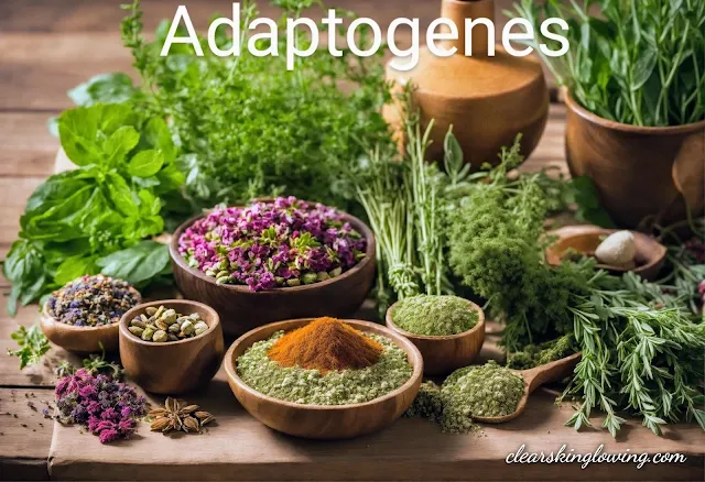 A collection of adaptogenic herbs like ginseng, holy basil, and reishi mushrooms."