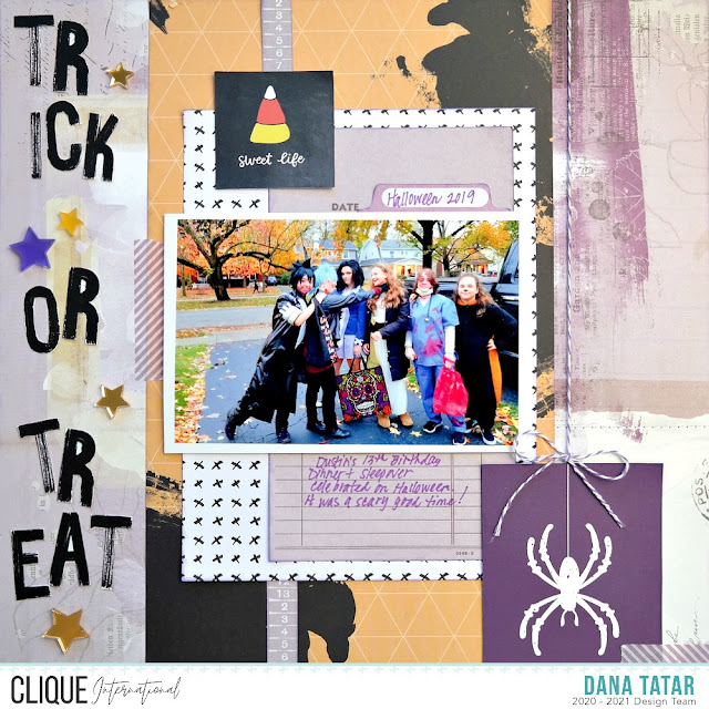 Eclectic Trick or Treat Halloween Scrapbook Layout with Large Title and Acrylic Stars