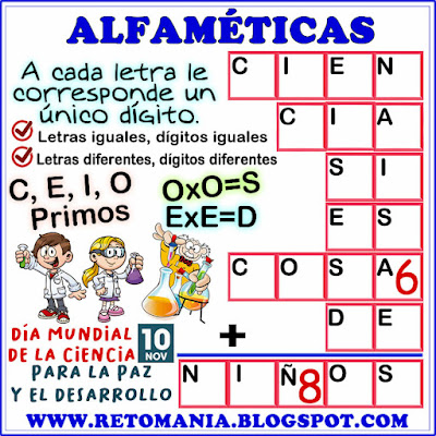 Desafíos matemáticos, Retos matemáticos, Problemas matemáticos, Problemas de lógica, Problemas de matemáticas, Retos visuales, Retos mentales, Día de la Ciencia, Día Mundial de la Ciencia, Alfamética, Criptoaritmética, Criptograma, Criptosuma