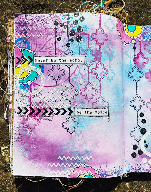 Art journal page ideas using Shady Designs stamps & stencils. Project by Lou Sims