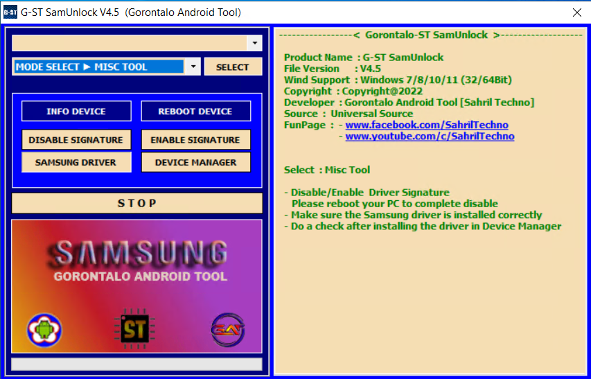 Download G-ST SamUnlock V4.5 Gorontalo Android Tool FREE For Samsung FRP Bypass 2022