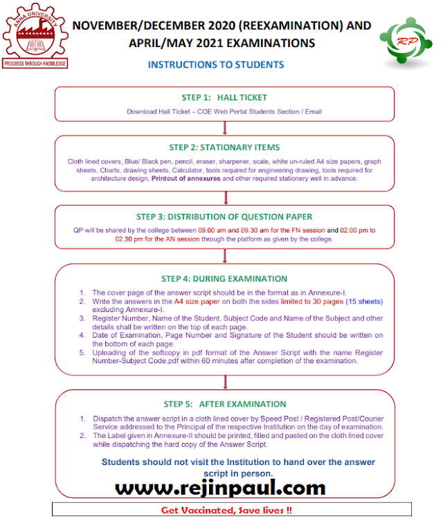 Anna University April May 2021 Instruction - Question paper Pattern, Hallticket, Exam timing