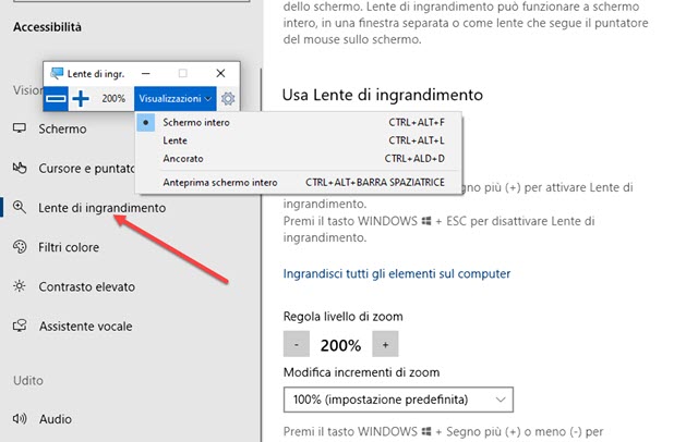 attivare la lente di ingrandimento di windows