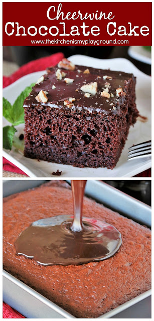 Cheerwine Chocolate Cake ~ Laced with Cheerwine in both the cake & rich chocolate icing, this is one truly tasty Southern treat! Super easy to make, too. #chocolatecake #Cheerwine #Cheerwinecake  www.thekitchenismyplayground.com