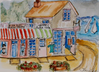 Original Hand Painted Watercolor Note Card at a beach town with shops