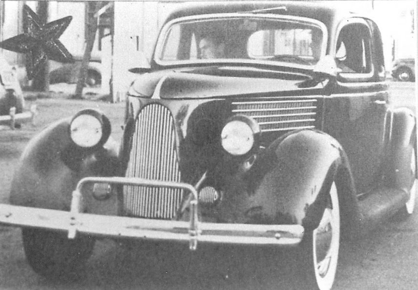 Car has 1941 Ford bumper dual spot lights bull nose strip reworked sheet 