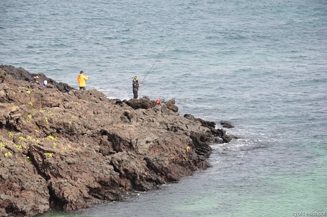 Local fisherman were seen fishing on the rocks. in Jeju