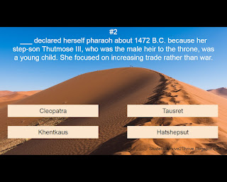 ___ declared herself pharaoh about 1472 B.C. because her step-son Thutmose III, who was the male heir to the throne, was a young child. She focused on increasing trade rather than war. Answer choices include: Cleopatra, Tausret, Khentkaus, Hatshepsut